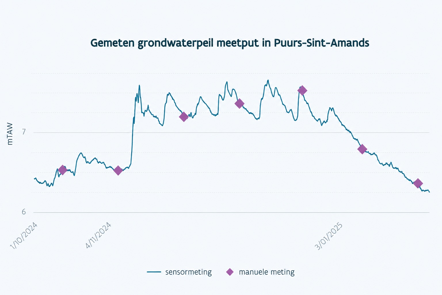 Grafiek van het grondwaterpeil in de meetput van Puurs-Sint-Amands tussen oktober 2024 en januari 2025: de continue sensorreeks volgt de peilschommelingen in detail, en de maandelijkse manuele controlemetingen vallen er telkens bovenop samen