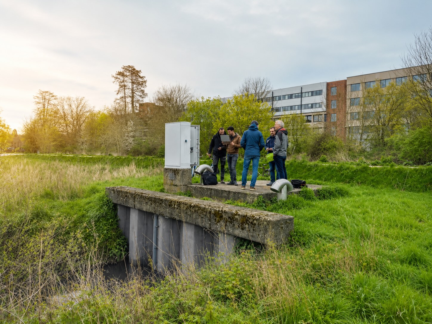 Vijf mensen met een laptop op de pompconstructie van het bufferbekken van Campus Arenberg, met de schakelkast en twee uitstroombuizen