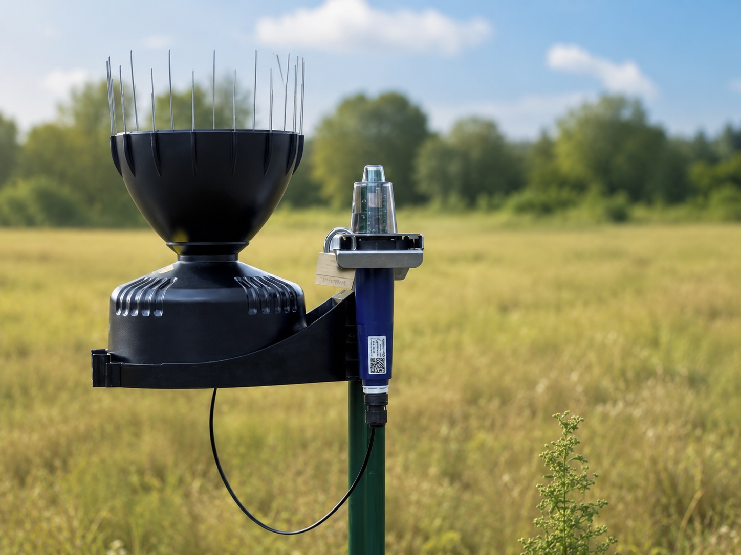 Kantelbakregenmeter met vogelpinnen op een mast in een grasland, met een HydrioSense-module ernaast