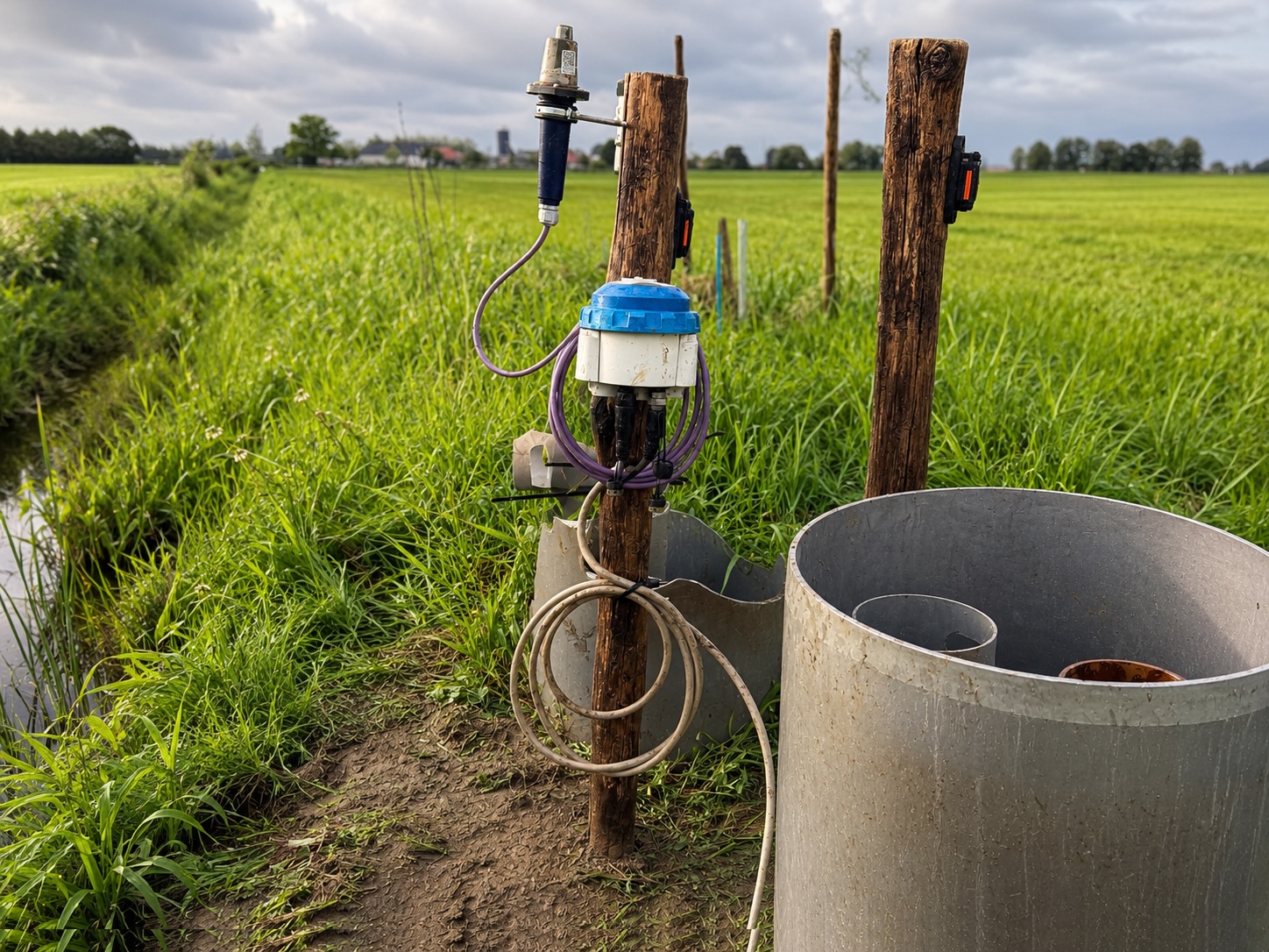 Een Io-Things-module op een houten paal aan de rand van een perceel, met een sensor erboven en een betonnen putring ernaast, langs een gracht in een grasland
