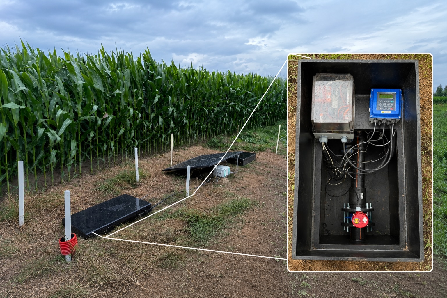 De meetlocatie achteraan het proefveld langs het maïsperceel, met twee zonnepanelen en peilbuizen, en een uitsnede die in de meetput kijkt: de ultrasone debietmeter en een elektrisch bediende afsluiter