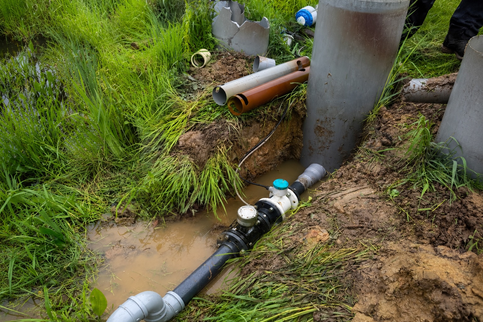 De definitieve meetput met de elektromagnetische debietmeter op de leiding, in een natte greppel naast betonnen putringen